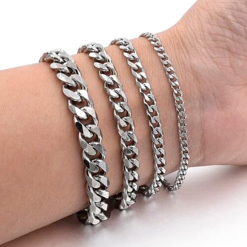 Mens Simple 3-11mm Stainless Steel Curb Cuban Link Chain Bracelets for Women Unisex Wrist Jewelry Gifts
