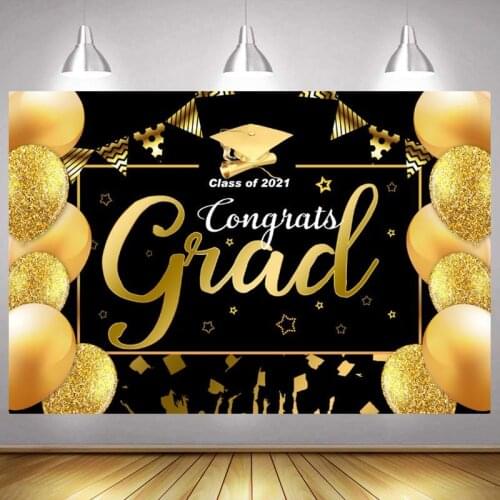 Black Gold Class of 2021 Graduation Backdrop Balloon Happy Party Decoration Photography Backgrounds Banner