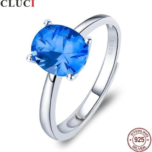 CLUCI Genuine Silver 925 Four Claws Ring Jewelry Blue Zircon Women Sterling Silver Wedding Engagement Ring DR2014SB