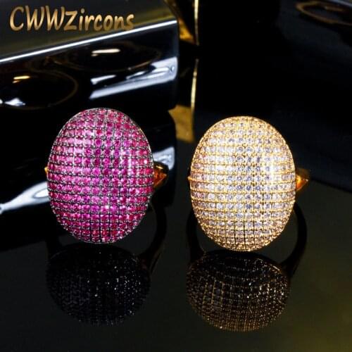 CWWZircons One Size Fits All Micro Pave Red Cubic Zirconia Stone Big Round Finger Ring for Women Wedding Party Punk Jewelry R178