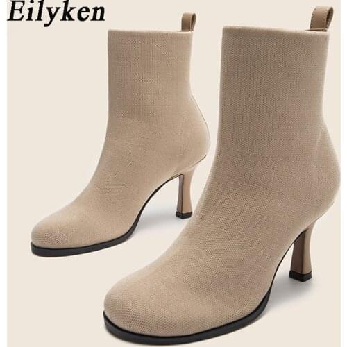 Eilyken New Fashion Design Round Toe Classic Knitting Ladies Slip On Ankle Boots Black Winter Party Sock Shoes Size 36-42