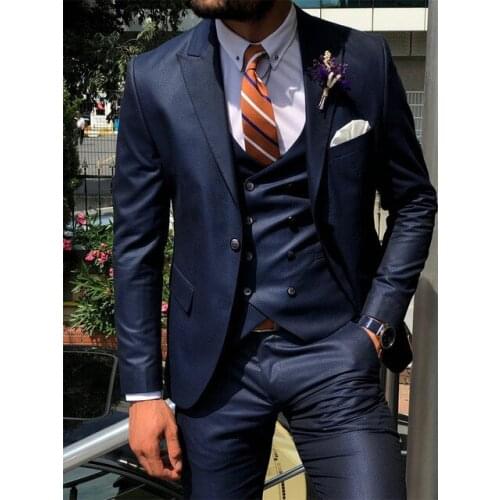 Classic Dark Blue 3 Piece Slim Men Fashion Suit Cutsom Groom Wedding Tuxedo Prom Wedding Tailor Made Men Suit With Pants