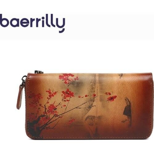 Chinese Style Wallet Female Genuine Leather Rfid Card Holder Female Long Clutch Bag Phone Pocket Coin Purse Zipper Cartera Mujer