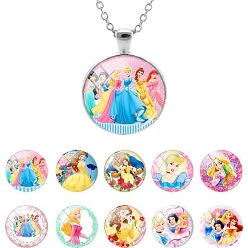 Disney Princess Cinderella,Belle,Alice Pattern Hot Sale 25mm Glass Dome Pendant Necklace for Girls Gift Cabochon Jewelry DSN54