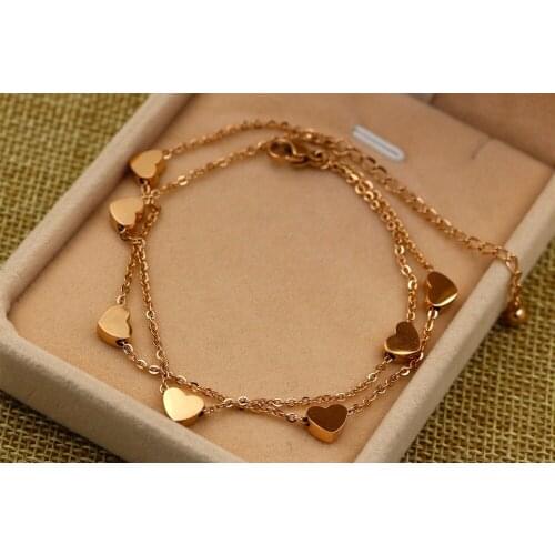 Fashion Stainless Steel Double-deck Heart Chain Charm Bracelet Bangle Rose gold color Woman Party Christmas Gift