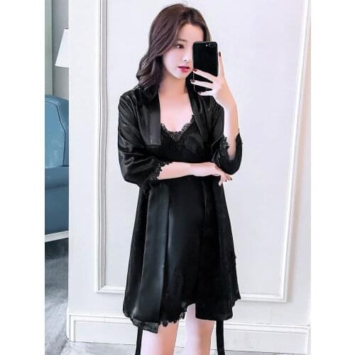 Nightgown Female Spring Ice Silk Black Sling Nightdress Female Summer Sexy Nightwear Night Dress with Chest Pads Home Clothes