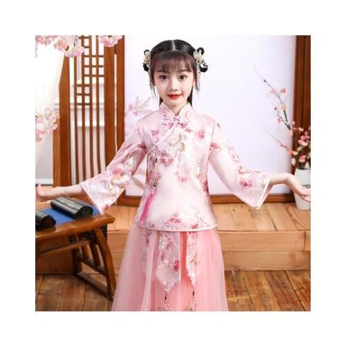 Autumn And Winter Girls' Hanfu Long Sleeves Thickened New Years Wear Stage Performance Costume Wedding Birthday Party Clothing