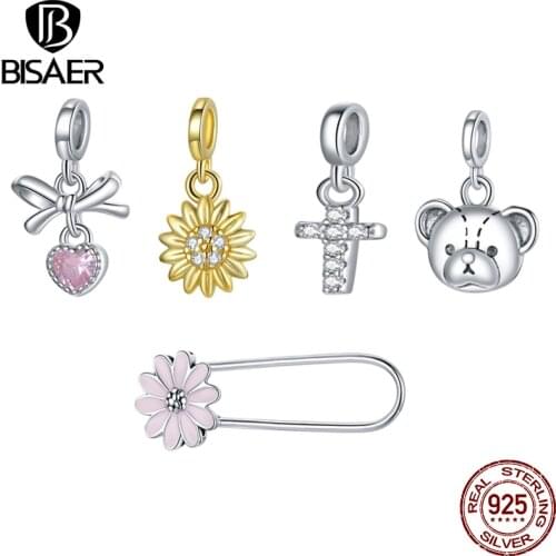 Bisaer Authentic 925 Sterling Silver Original Bow Sunflower Cross Charm fit Bead 3.5mm Bracelet Brooch DIY Jewelry Gift EFX001