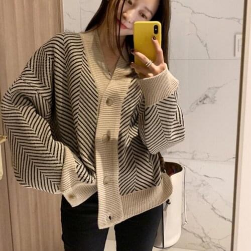 Casual Women Ribbed Sweaters Long Sleeve Outwear Women Knitted Tops Front Buttons Loose Striped Cardigan Women Sweater