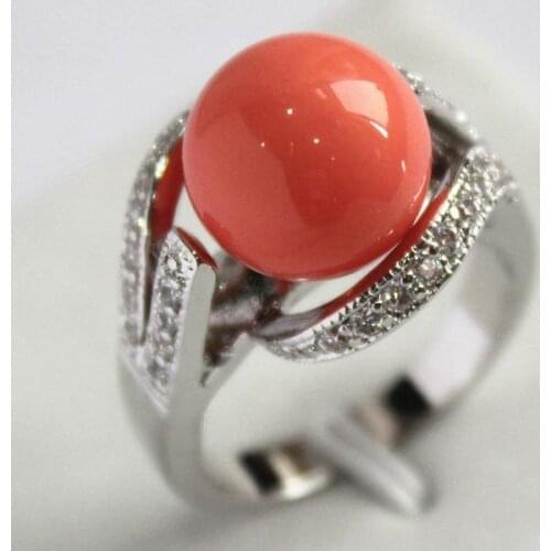 Fancy ladys silver-color with crystal decorated &12mm salmon pink shell pearl ring(#7.8.9)