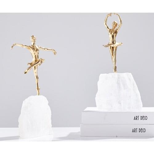 Luxurious Gold Girl Dancing Ballet Standing On Natural Spar Sculpture Modern Brass Figurine Crafts Home Decor Accessories Gift