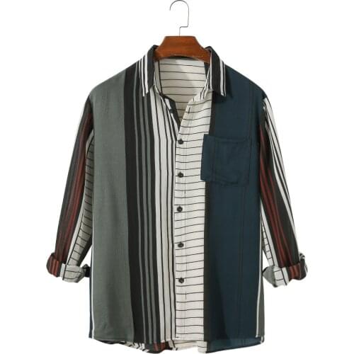 NEW 2021 Mens Shirts Vintage Striped Blouse Men Casual Lapel Chest Pocket Long Sleeve Soft Chiffon Loose Leisure Shirt