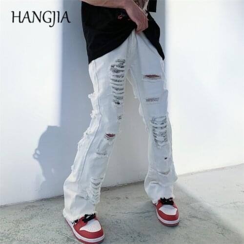 Hip Hop Distressed Beggars Ripped Skinny Jeans Male Streetwear Biker Washed Hole Destroyed Slim Fit Raw Micro Flared Jeans