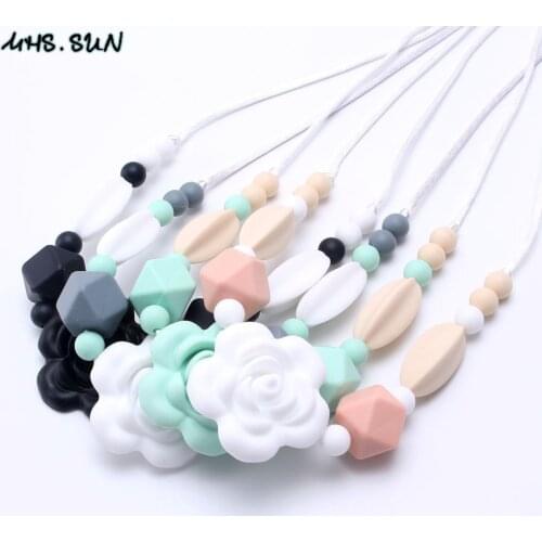 MHS.SUN Food grade silicone necklace chewable flower hexagon/round beads strand chain for teething baby/breastfeeding women