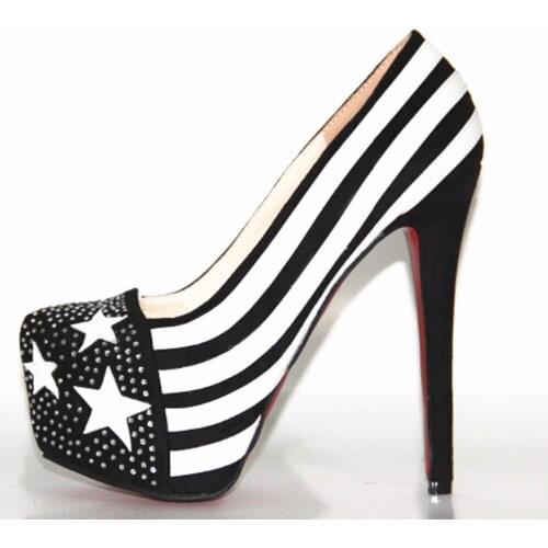 Beautiful new black and white striped toe rhinestone decoration without lacing cuff 16 cm high-heeled shoes. Size: 35-43