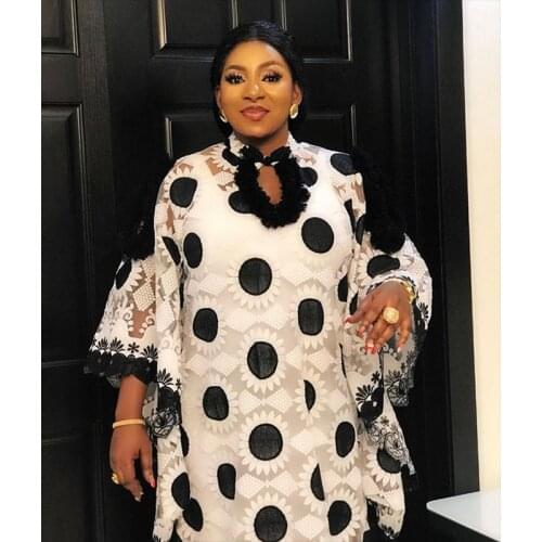 Embroidered flower lace loose mesh retro buckle trumpet sleeve dress