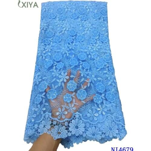 High Quality African Lace Fabric Sky Blue Milk Silk Lace Fabric with Sequins Embroidery Guipure Cord Milk Fiber Laces NI4679