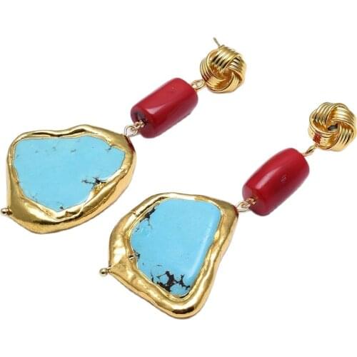 GuaiGuai Jewelry Natural Red Coral Blue Turquoises Gold Plated Nugget Chunk Beads Flower Stud Earrings Handmade For Women
