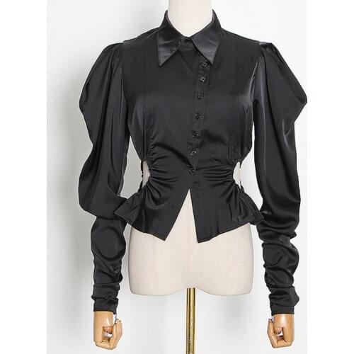 SeeBeautiful Lapel Puff Sleeve Single Breasted Hollow Out Loose Blouse Shirt Woman Summer 2021 New Tide Fashion T490