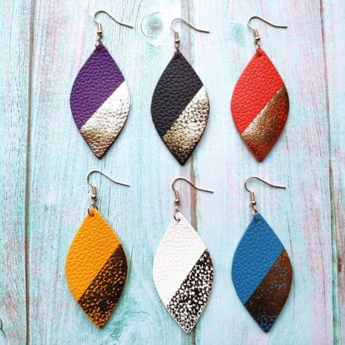 Gold Dipper Real Leather Leaf Drop Earrings for Women Fashion Two Tone Flat Genuine Leather Earrings Boutique Jewelry Wholesale