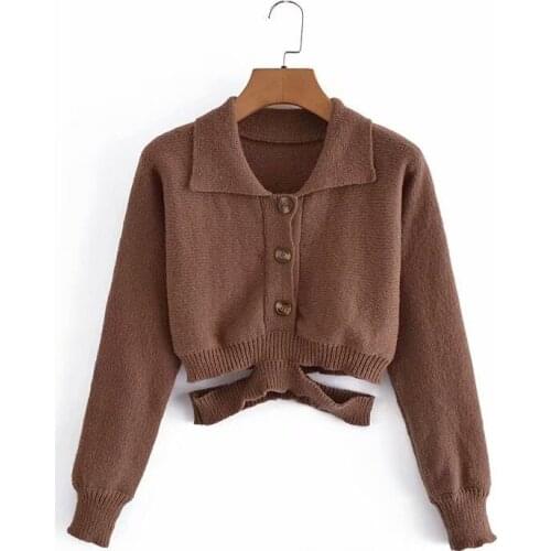 XIKOM 2021 Women High Quality Dark Brown Lapel Slim Splicing Knitted Sweaters Female Vintage Lantern Long Sleeve Casual Sweater