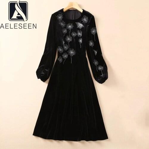 AELESEEN Women Autumn Winter Velvet Black Dress Full Lantern Sleeve Butterfly Embroidery Elegant Long Party Dress