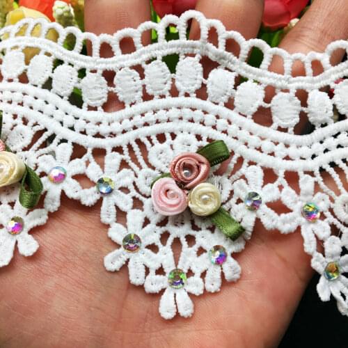 10x 3D Waving Cotton Rose Flower Diamond Pearl Lace Trim Ribbon French Fabric Embroidered Wedding Dress DIY Sewing Craft 7.5CM