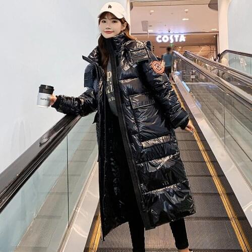 2021 Hooded Ladies Coat X-Long Parkas Oversize Winter Jacket Women Glossy Winter Thick Down Cotton Jacket Women Coat