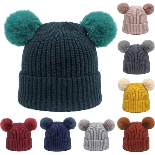 Childrens Winter Hat Beanies Boys Girls Knit Solid Color Two Pom-Pom Hat Thick High Quality Warm Kids 0-5 years old Skullies
