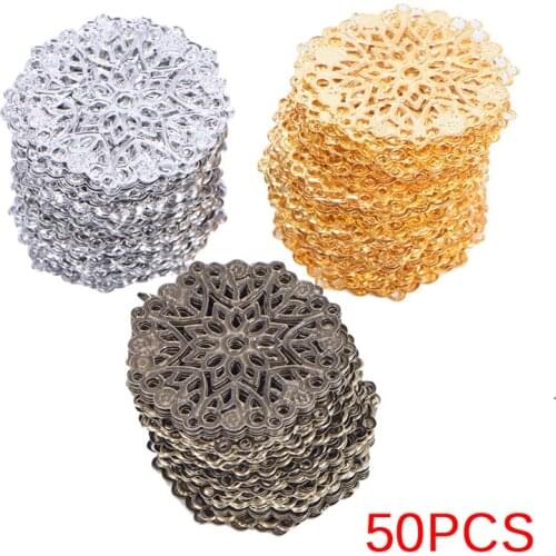 50 PCs Doreen Box Filigree Flower Wraps Connectors Iron Alloy Bronze Tone Color For DIY Jewelry Making Findings 35mm Hole:1mm