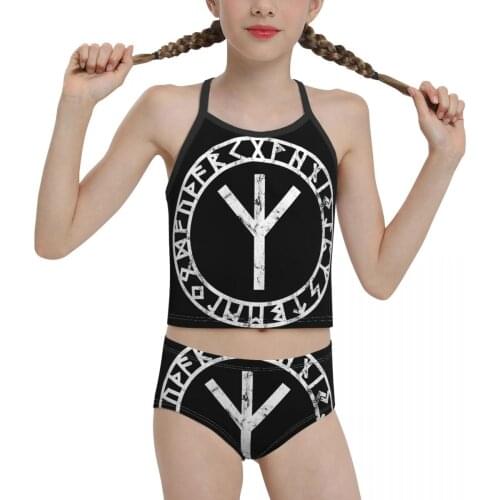 Valhalla Swimsuit for Children young Girl Print Algiz Norse Odin Thor Vikings Biquini 2021 Wholesale Brand Girl Swimming Suit