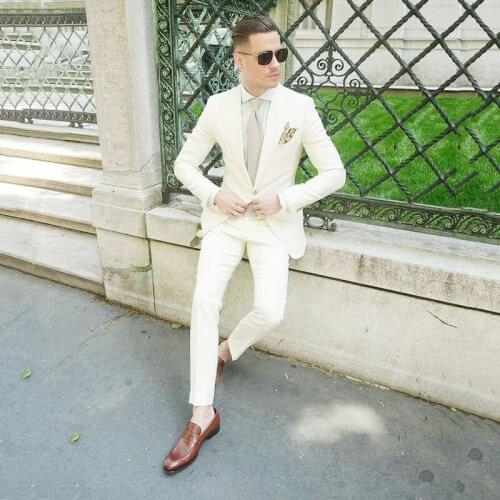 Ivory Linen Groom Wedding Tuxedo Men Suits with Pants Groomsmen Man Blazers Jacket Terno Masculino Slim Fit Costume Homme 2Piece