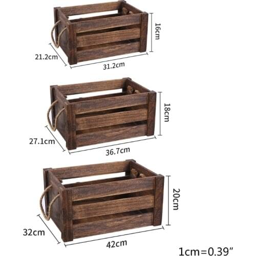 2021 New Wooden Rectangular Storage Basket with Rope Handle Rustic Hollow Crates Bin Box