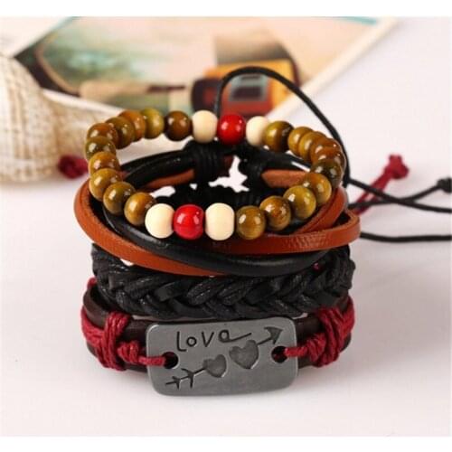 New Wood Bead Male One arrow through the heart leather bracelet Multilayer Leather Bracelet Men Braided Rope Wrap Bracelets Ban