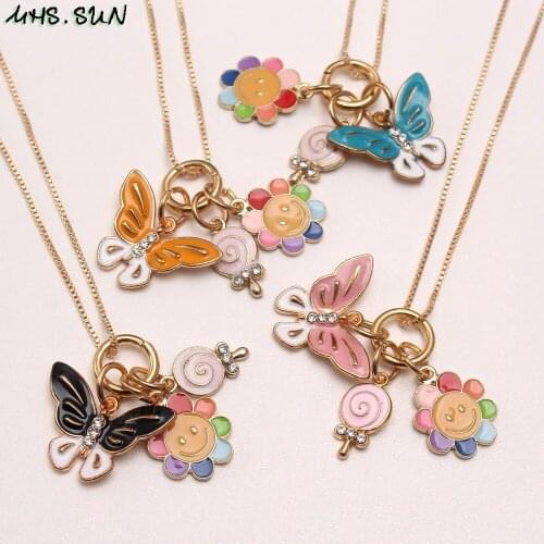 MHS.SUN Girls Kids DIY Charming Butterfly/Flower Pendant Necklace Handmade Alloy Chain Choker Jewelry For Child Party Gift 1PC