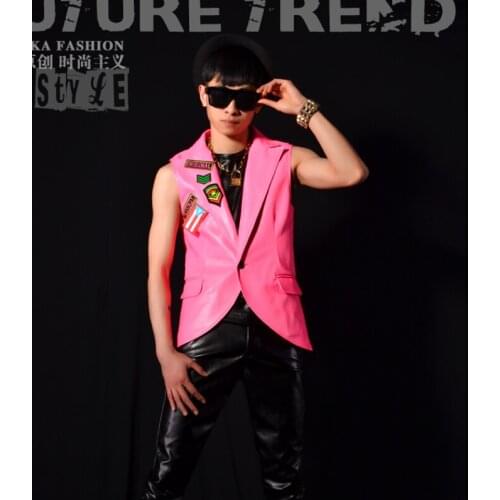 2020 New Korean Fashion Slim Pu Djds Pink Suit Leather Vest Stage Nightclub Bar Singer Performance Apparel Singer Costumes