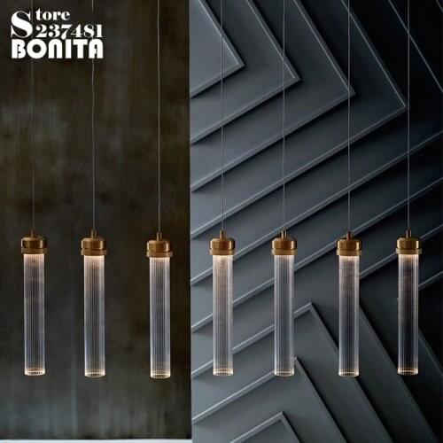 Round tube glass modern pendant lamp led Striped cylinder pendant lights Long tube crystal copper small droplight loft