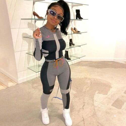 IMucci Women Fitness Two Pieces Set Tracksuit Long Sleeve Crop Top Letters Print Elastic Skinny Leggings Sportswear Slim Outfit