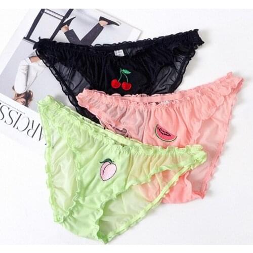 New Ruffle Sexy Womens Underwear Fruit Print Embroidery Low Waist Panties Mesh Fabric Breathable Comfortable Erotic Lingerie