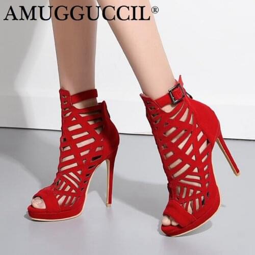 2020 New Plus Big Size 28-52 Black Red Zip Buckle Fashion High Heel Platform Females Lady Sandals Ankle Women Summer Boots L990