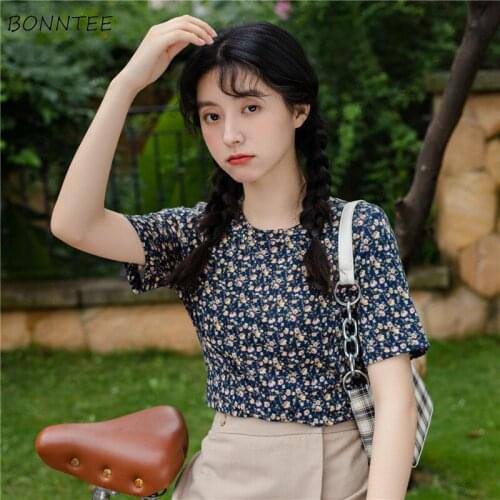 T-shirts Women Floral Vintage Fashion Ulzzang Slim Casual Summer Temperament All-match Holiday O-neck Breathable Lady Crop Tops