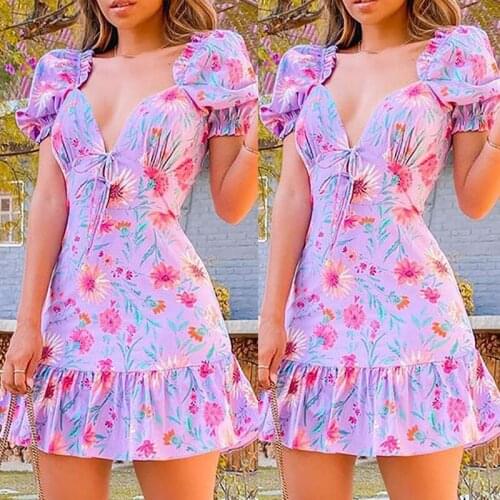 Summer Women Dress Print Color Floral Deep V-Neck Sexy Ruffles Patchwork Puff Short Sleeve Lace Up Beach Female Vestido C2807
