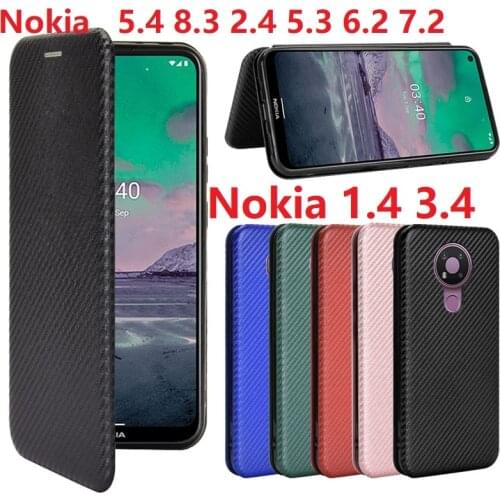 Carbon Fiber For Nokia 1.4 2.4 3.4 5.4 8.3 5.3 6.2 7.2 Case Magnetic Book Stand Flip Card Protective Wallet PU Leather Cover