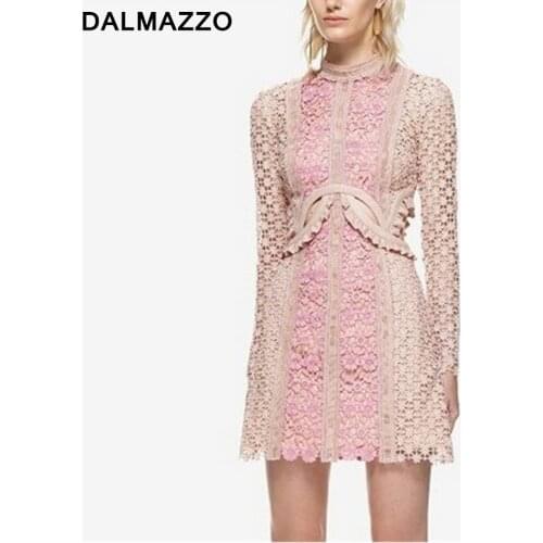2021 Newest Designer Women Long Sleeve Lace Hollow Out Patchwork Pink Leaky Waist Runway Mini Dress Party Vestidos Mujer