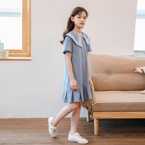 Kids Dresses 4-10 Y Teen Girls Navy Style Short Sleeve Dress 2021 Summer New Childrens Lapel Pleated School Dress Kids Clothes