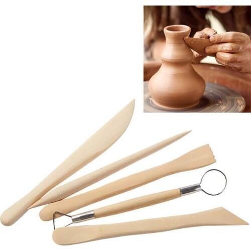 5pcs Wooden Clay Sculpting Tools Basic Set Pottery Tool Kit Ceramic Pottery & Clay Ribbon Wood Wax Carving Modeling Tools New