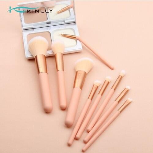 KINLLY 9Pcs Orange Makeup Brush Set Premium Synthetic Cosmetics Foundation Concealers Powder Blush Blending Face Eye Shadow