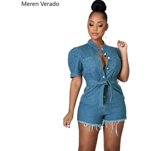 Meren Verado Summer Casuai Sporty Single-Breasted Pockets Solid Denim Jumpsuits Deep V-Neck+Sashes Sexy Women Jean Romper Shorts