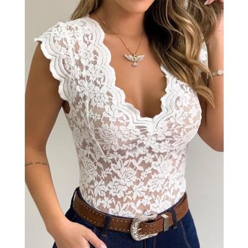 Summer Sexy Women Tank Top Lace V-Neck Sleeveless Floral Hollow Out Bodycon Vest Party Clubwear Clothing Mujeres Camis 2021 New