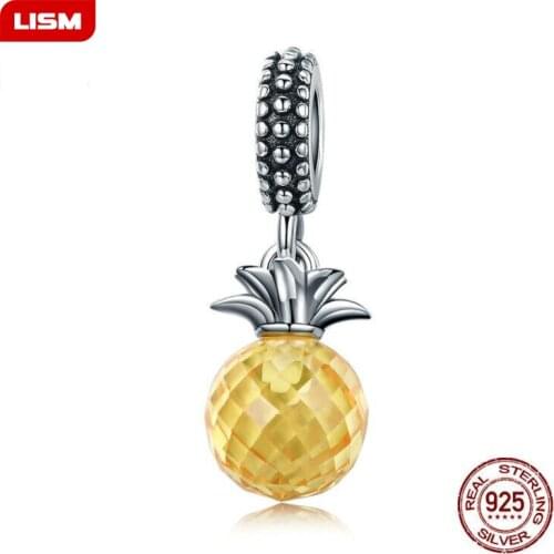 Hot Sale 925 Sterling Silver Summer Yellow Crystal Pineapple CZ, Pendant Beads fit Charm Bracelet DIY Jewelry Gift